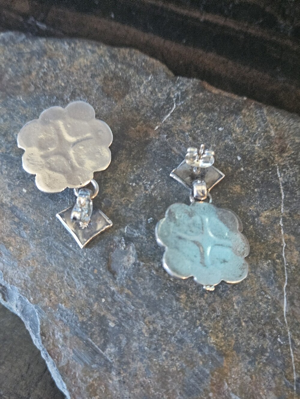 Navajo Concho Turquoise Sterling Silver Earrings - Picture 3 of 6